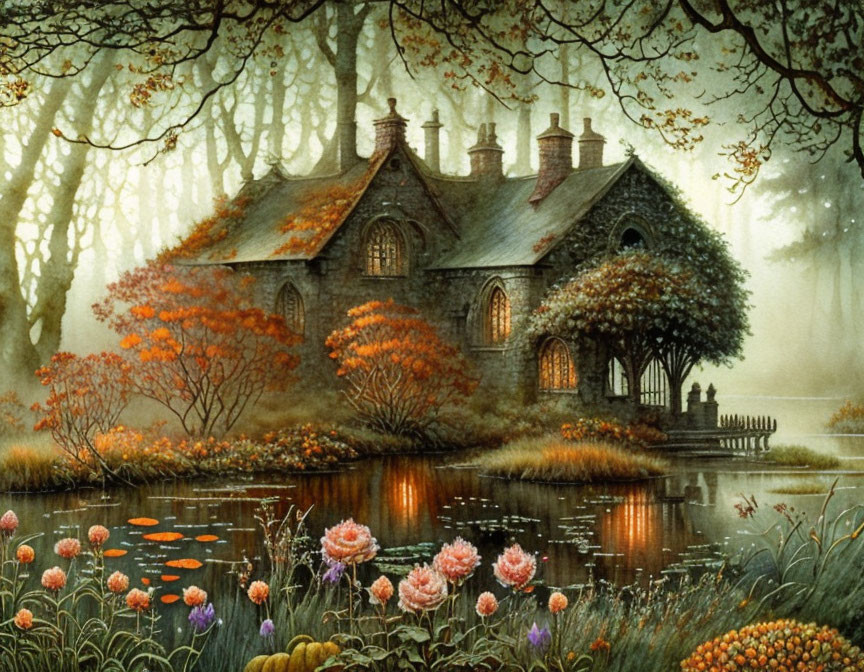 Cozy cottage in autumn setting with mist, pond, and blooming flowers