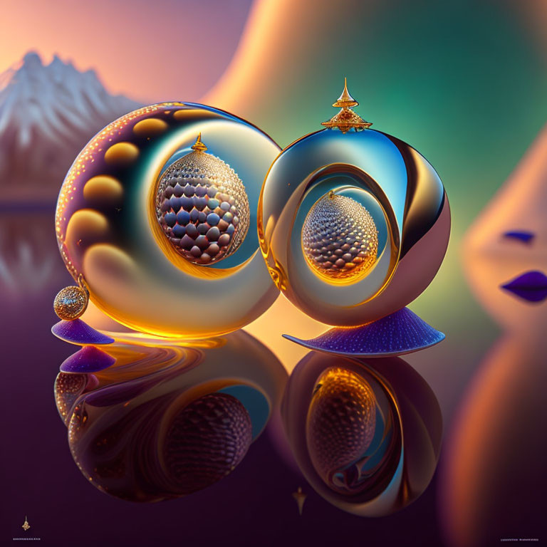 Abstract digital artwork: Reflective spherical shapes, intricate patterns, mountainous backdrop, serene color gradient