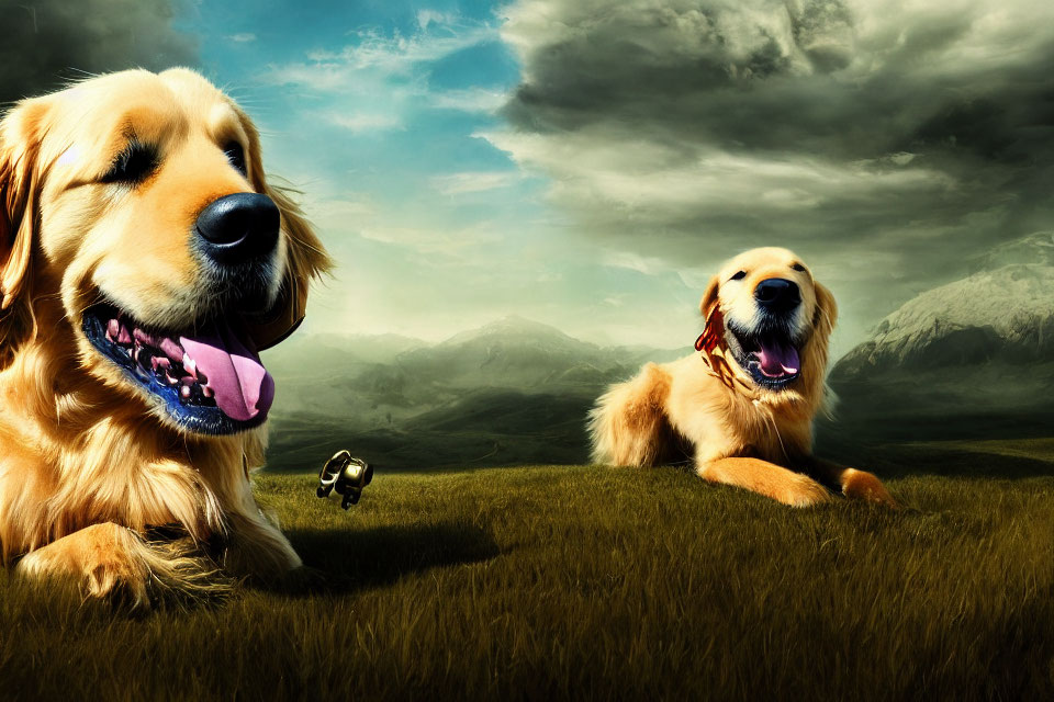 Two Golden Retrievers on Grass Field with Mountains and Dramatic Sky