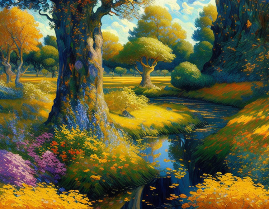 Vibrant yellow and purple flowers in lush landscape with stream and sunlit trees