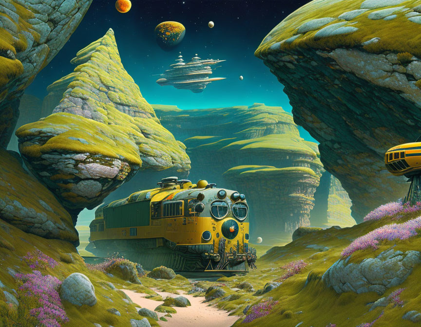 Yellow Train in Vibrant Sci-Fi Alien Landscape