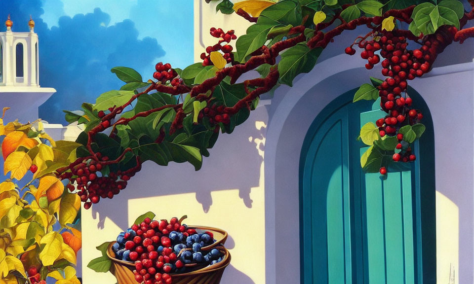 Colorful painting of coffee berries, teal door, basket of berries, and Mediterranean architecture