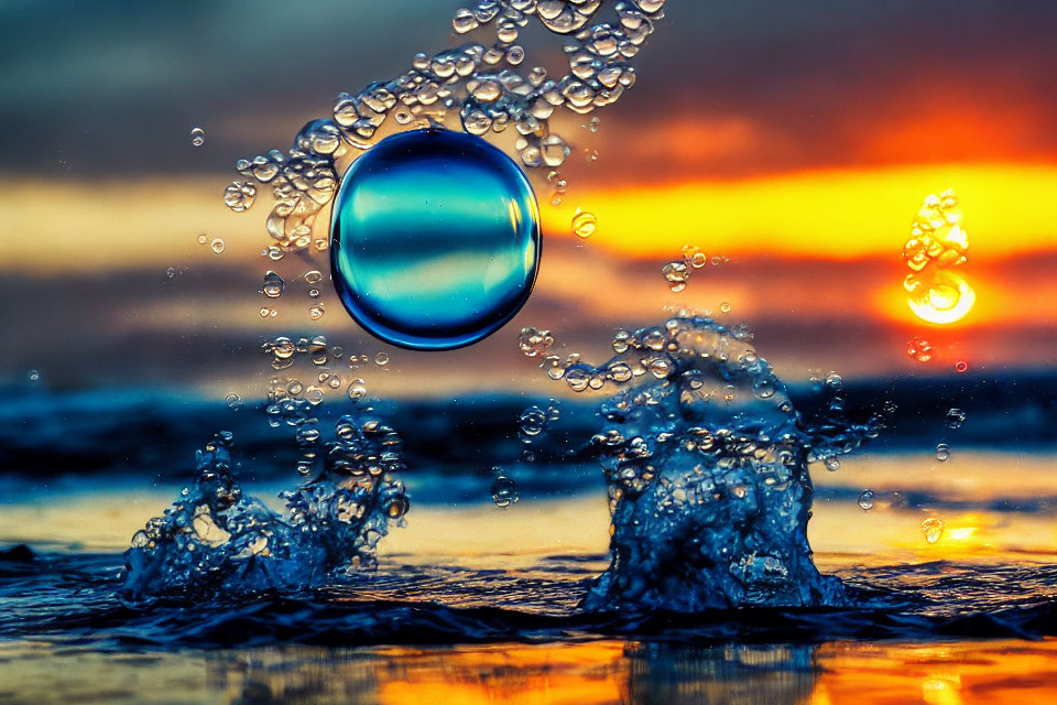 Levitating crystal ball over splashing water at sunset