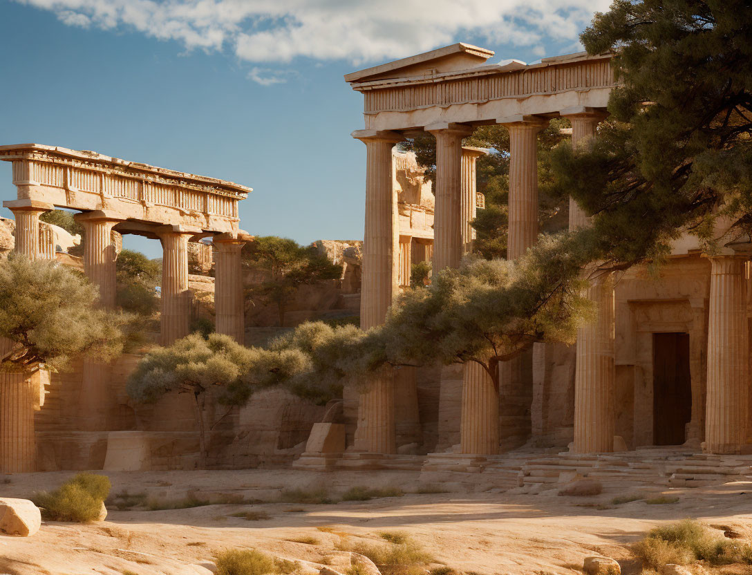 Ancient Greek ruins with towering columns and entablature amidst green trees under a clear blue sky