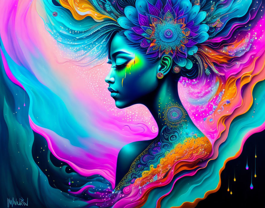 Colorful digital artwork of a woman with flowing hair and intricate patterns against abstract background