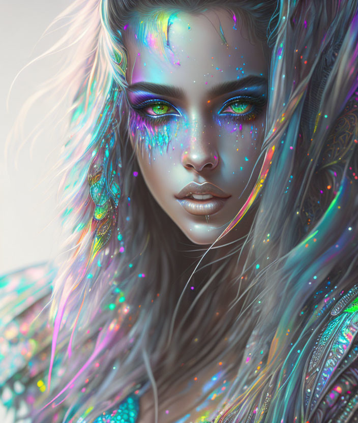 Colorful Digital Portrait of Female Figure with Iridescent Skin and Vibrant Eyes