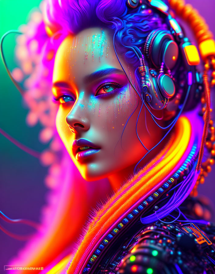 Colorful digital portrait of woman with neon colors, headphones, and cybernetic enhancements