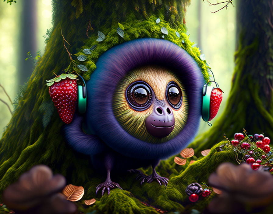 Whimsical monkey illustration in forest with strawberries and mushrooms