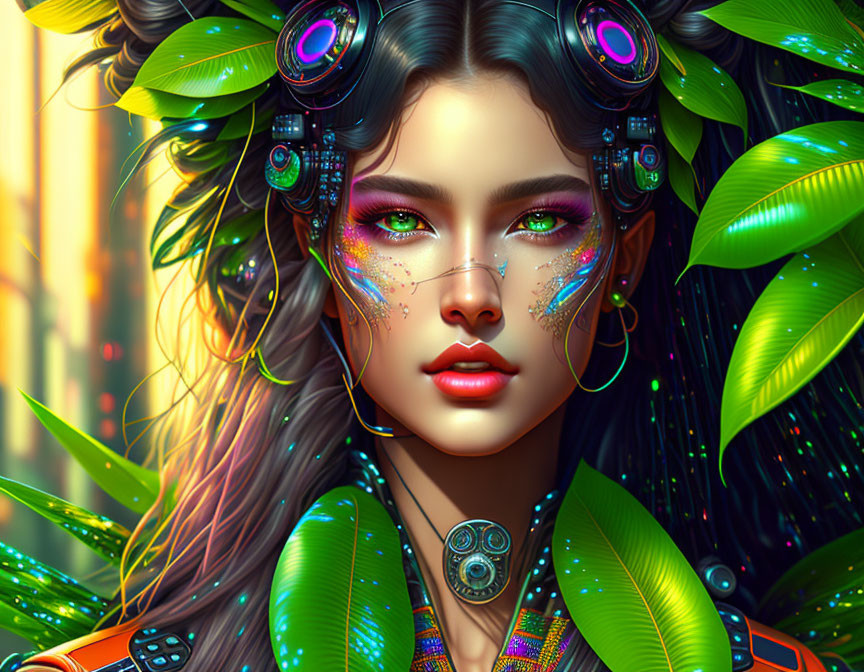 Digital portrait of woman with futuristic headphones and green leaves, featuring techno-natural aesthetic