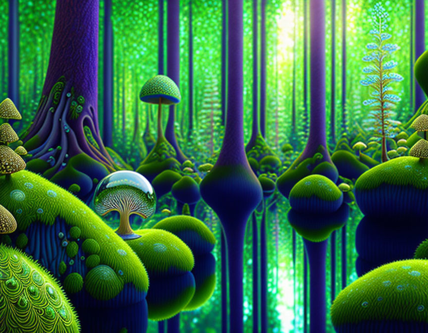 Fantastical forest with luminescent plants and neon-lit canopy