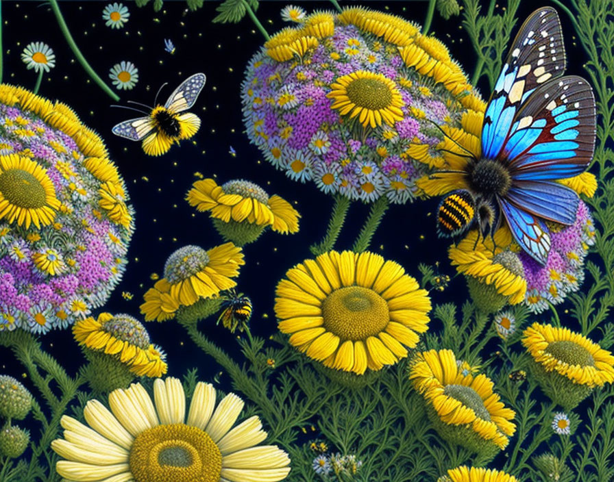 Colorful Butterflies and Bees with Daisies on Dark Background