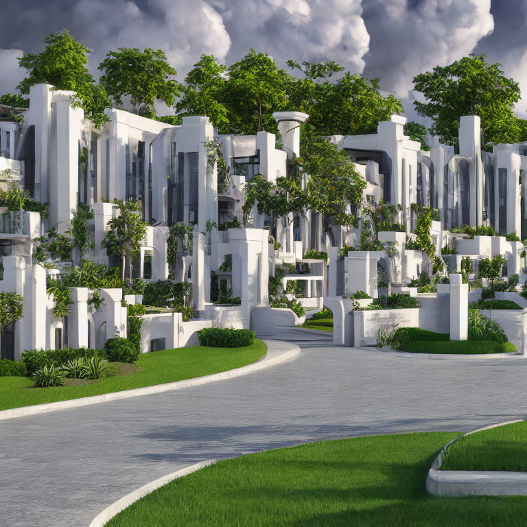 Modern residential complex with white vertical structures and green plants under partly cloudy sky