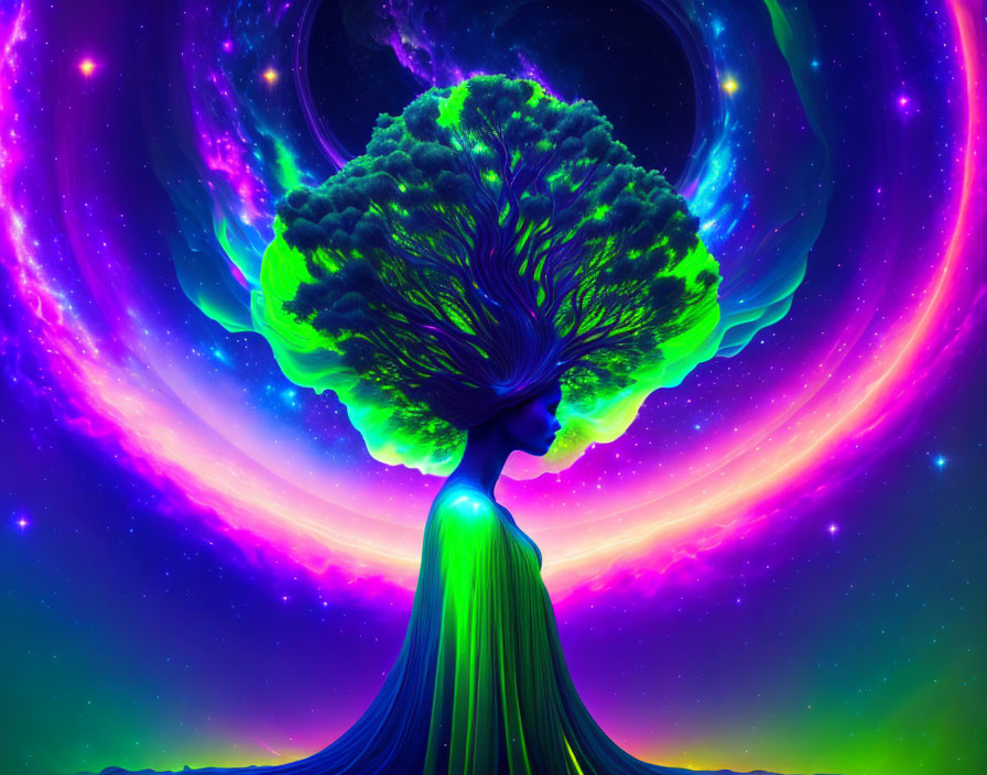 Colorful Digital Artwork: Luminous Tree Nebula in Cosmic Setting