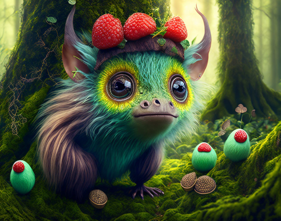 Fantastical creature with large eyes and raspberry hat in lush forest