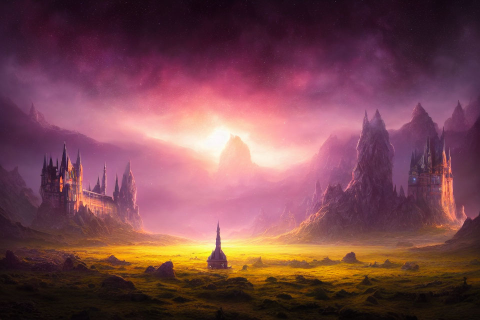 Majestic castle in fantastical mountain landscape under purple sky