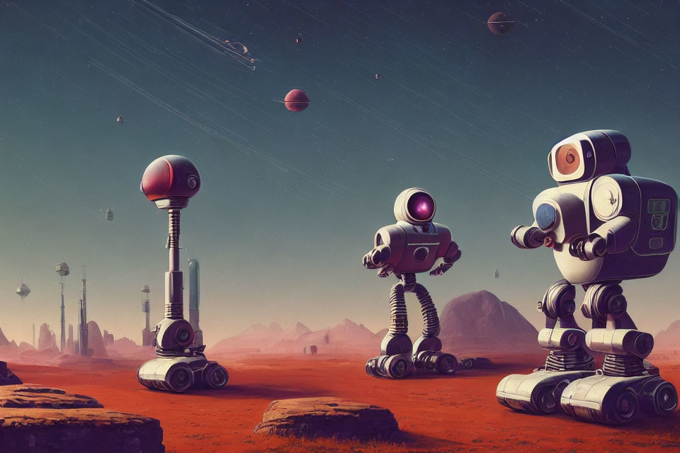 Futuristic robots on alien planet with spaceships