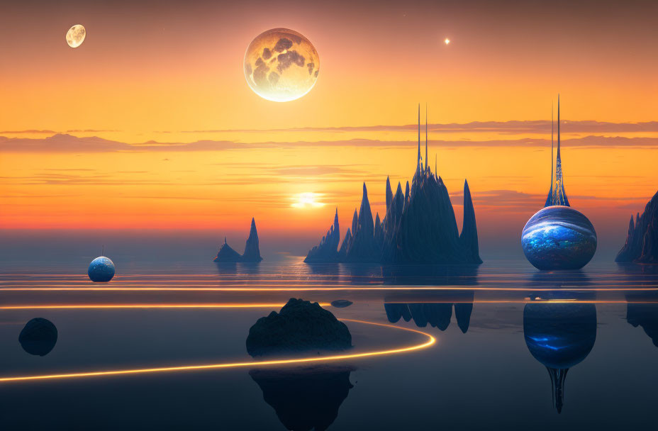 Alien landscape at sunset with reflective water, rock spires, and multiple moons