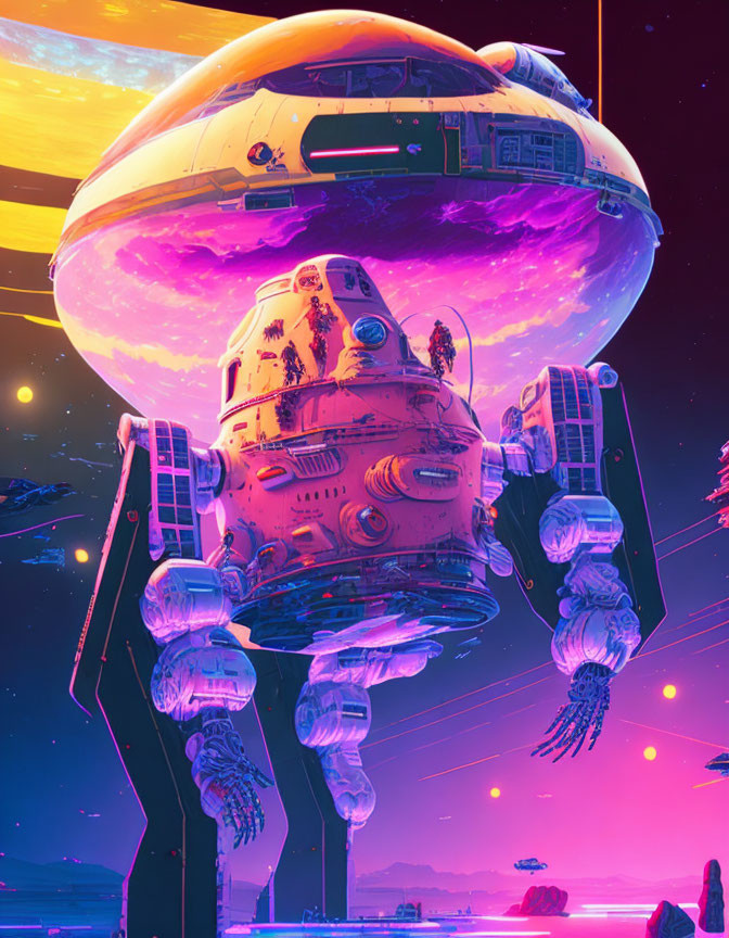 Futuristic sci-fi scene with large AT-AT-like robot and neon-lit planet backdrop