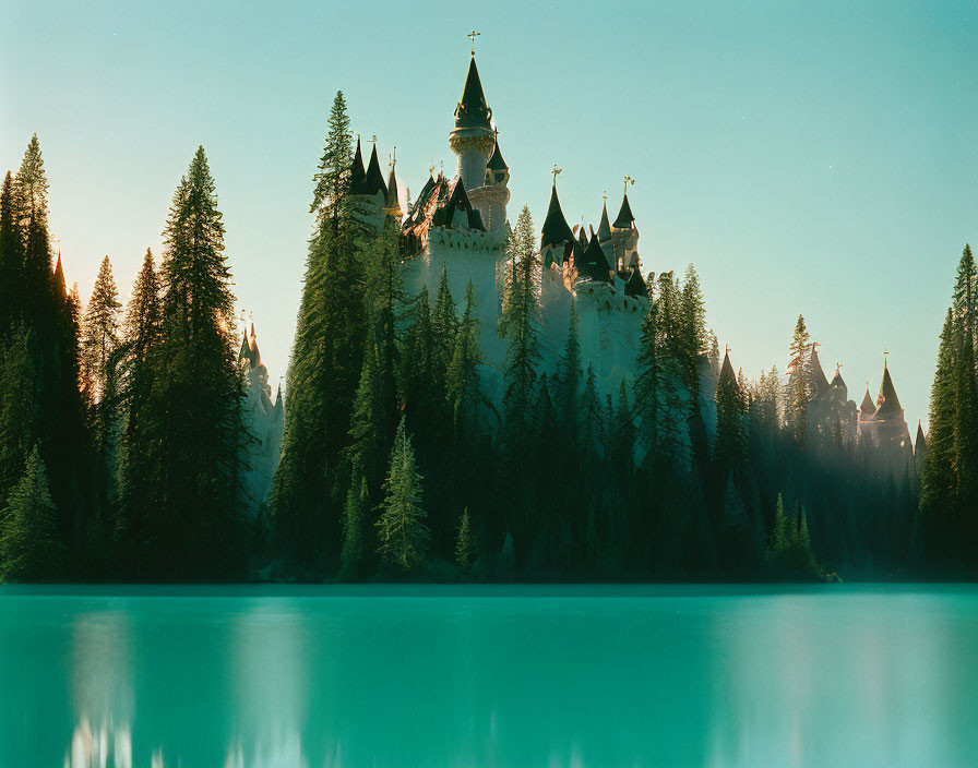 Castle surrounded by pine trees reflected in lake at twilight