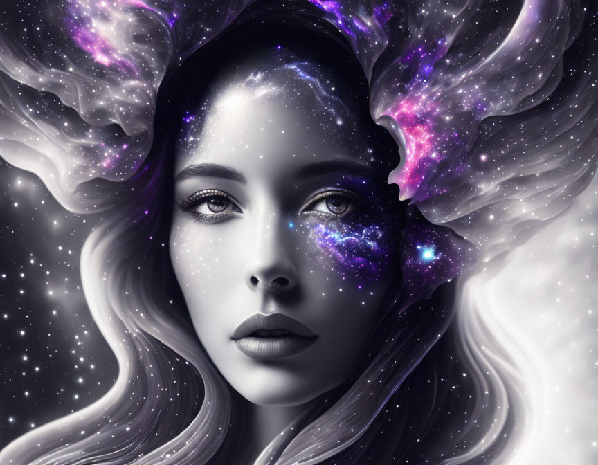 Cosmic-themed digital artwork of a woman with starry hair.