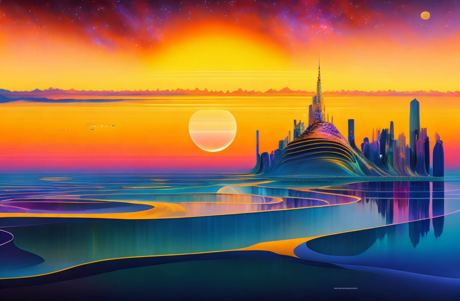 Futuristic cityscape digital artwork with castle, skyscrapers, and sunset