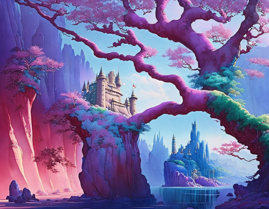 Majestic castle on cliff with vibrant pink tree in fantastical landscape