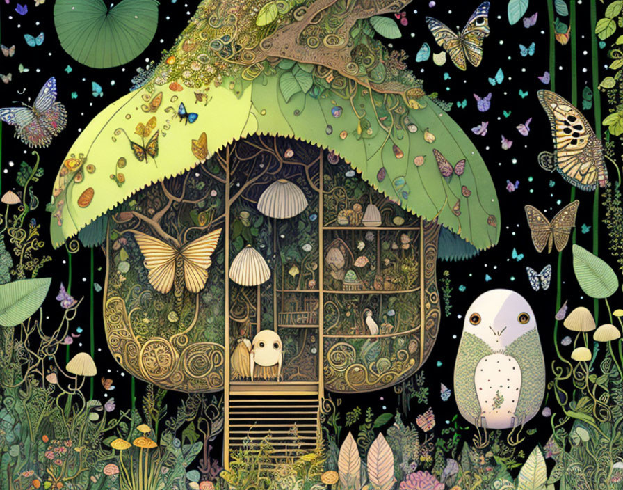 Detailed Mushroom House and Butterfly Illustration with Owl and Starry Sky