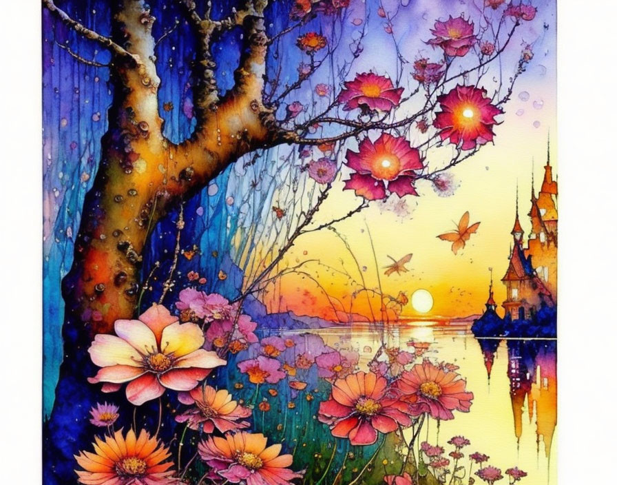 Vibrant fantasy landscape with tree, castle, flowers, sunset, and butterfly