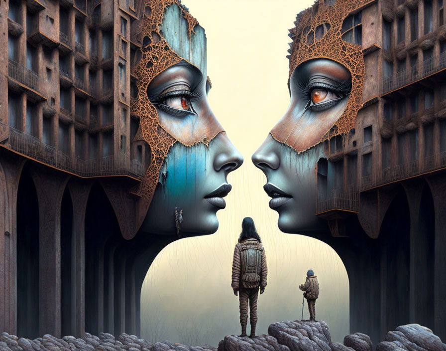 Colossal stone faces with delicate masks on bridge create surreal scene