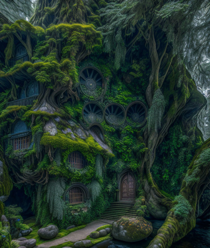 Enchanting treehouse covered in moss and vines in foggy forest