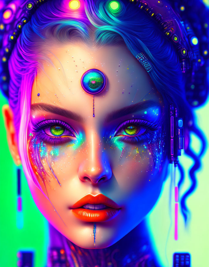 Female digital artwork with cybernetic features, neon makeup, and third eye on green background