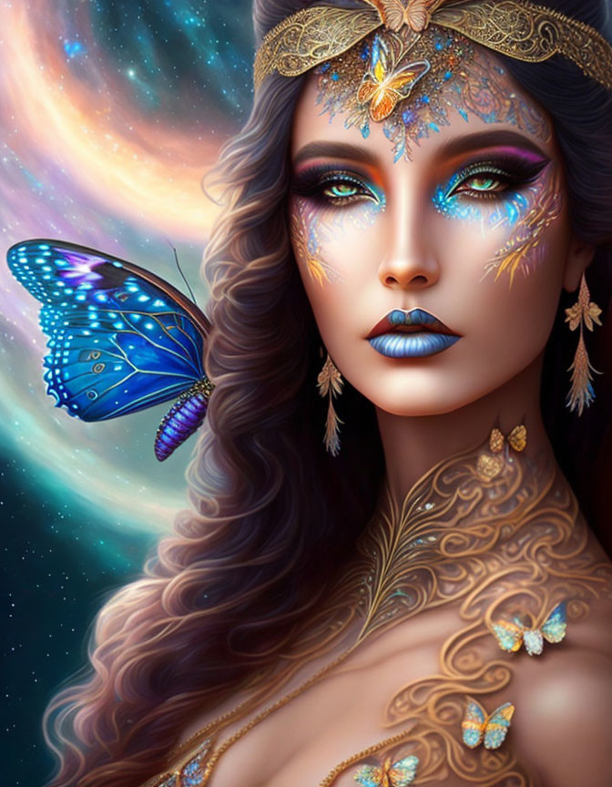 Digital art portrait featuring woman with gold and butterfly makeup on cosmic background