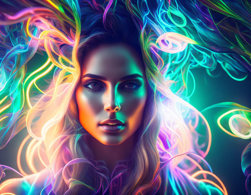 Vibrant neon hair woman in colorful swirl on dark backdrop