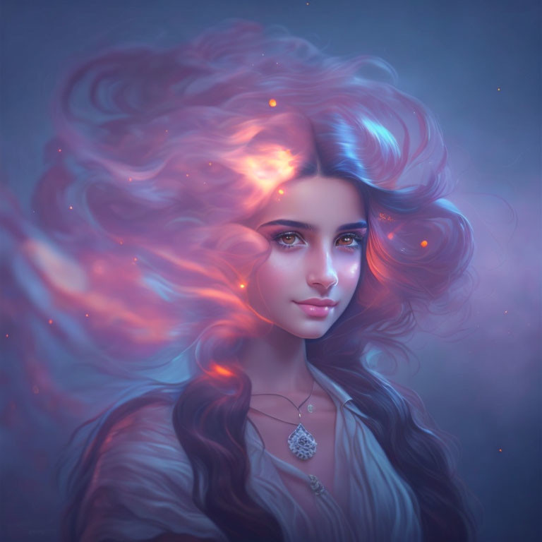 Vibrant digital portrait: Woman with flowing hair in cosmic backdrop