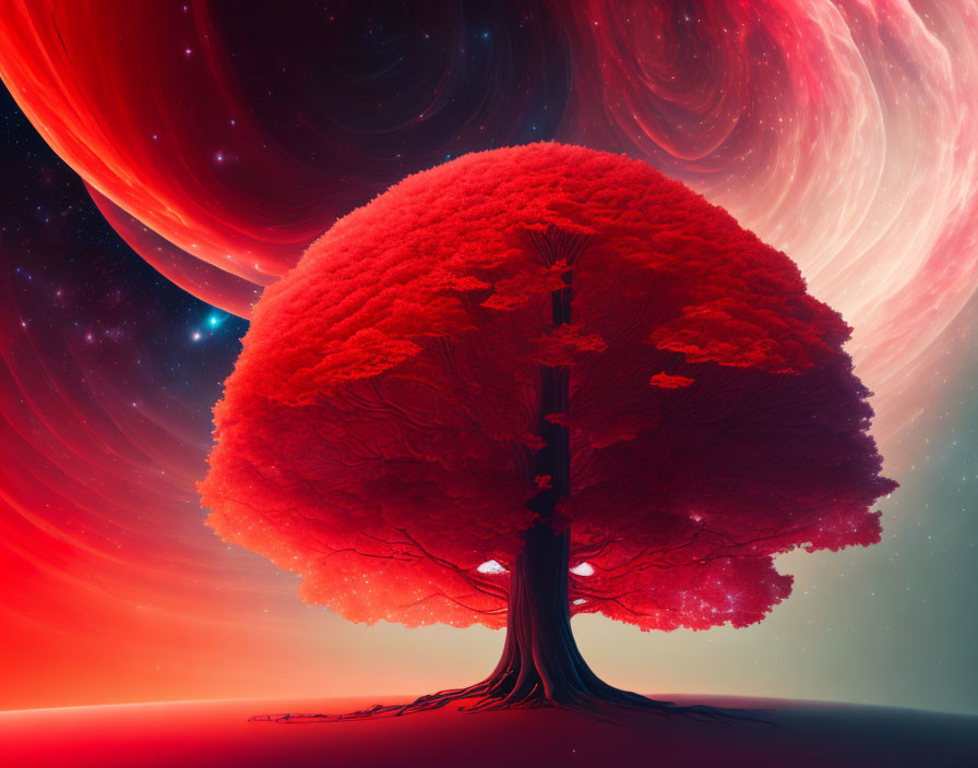 Vibrant red tree with voluminous canopy in swirling crimson and pink sky