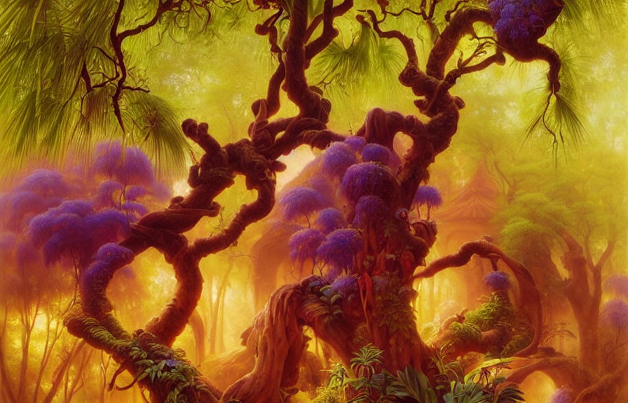 Fantastical forest with twisted trees and vibrant purple foliage