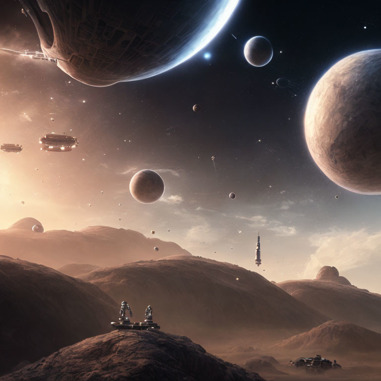 Futuristic sci-fi landscape with spaceships above desert planet