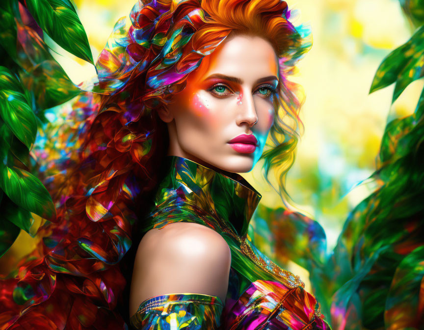 Colorful portrait of woman with vibrant hair and makeup against green leaf backdrop