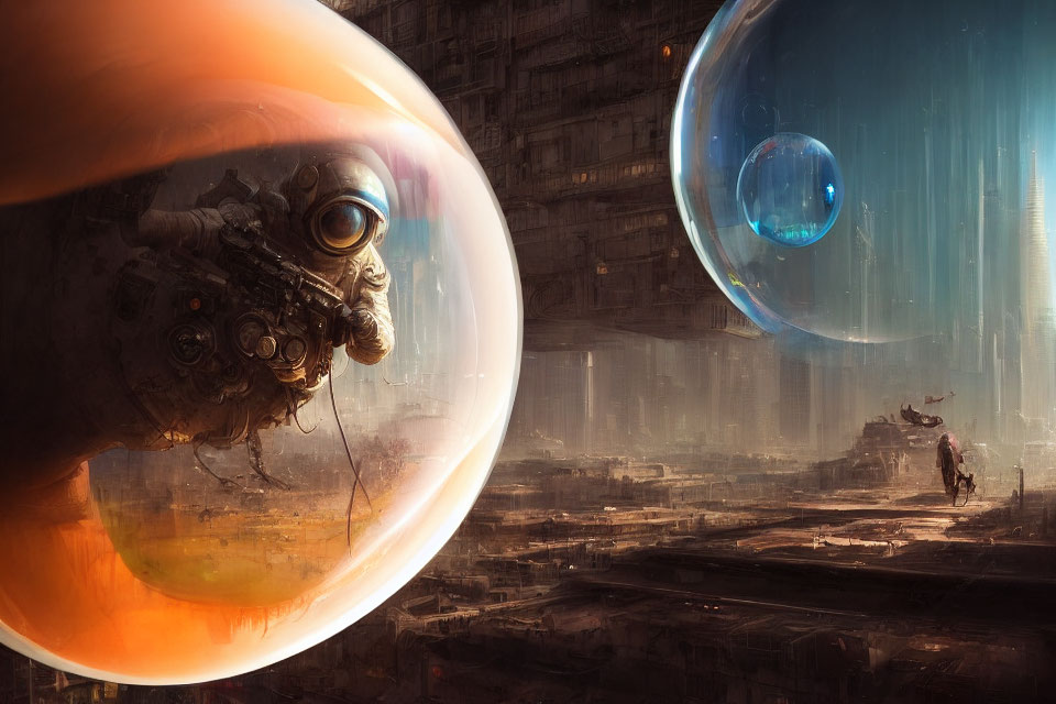 Futuristic cityscape with floating orbs and person on ledge