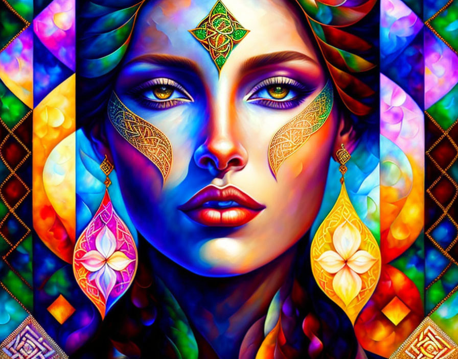 Colorful digital artwork: Woman with blue eyes and stained glass background