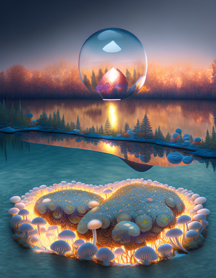 Surreal landscape with glowing mushrooms, jellyfish, floating crystal, and twilight forest