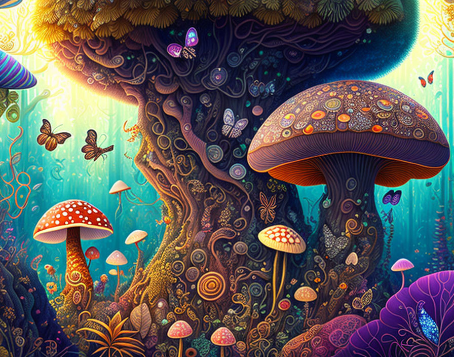 Whimsical illustration of stylized mushrooms, intricate tree, and glowing fantasy elements