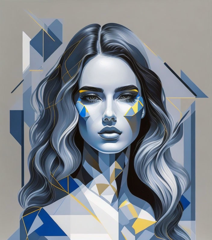 Geometric blue and gold patterned portrait of a woman