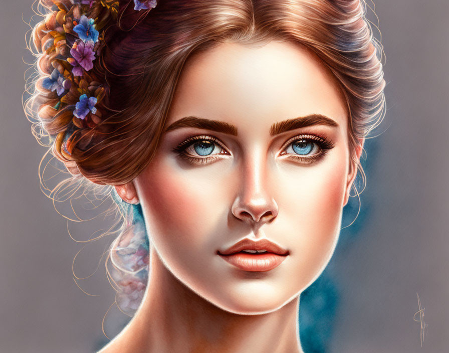 Digital portrait of young woman with blue eyes, fair skin, and floral hair adornment