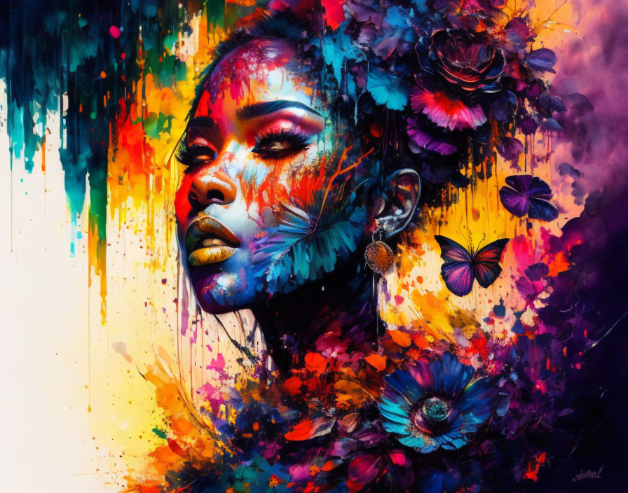 Vibrant woman portrait with floral and paint elements