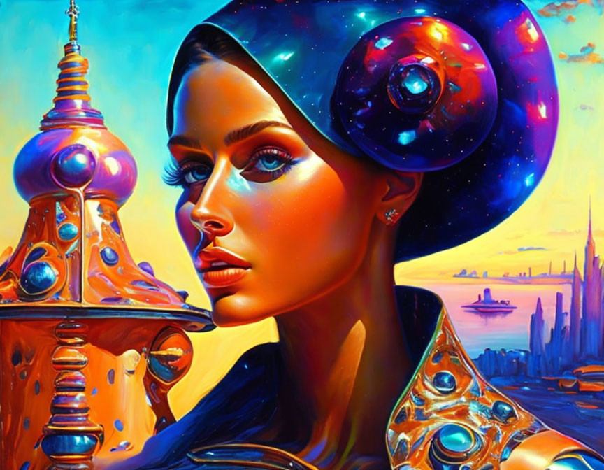 Vibrant surreal portrait of a woman with galaxy-themed headdress in futuristic cityscape