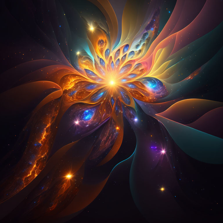 Colorful Abstract Cosmic Illustration with Glowing Flower Center