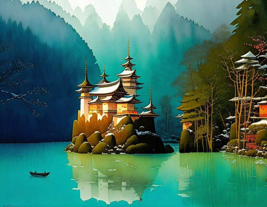 Traditional Asian Pagoda by Serene Lake Surrounded by Forested Mountains