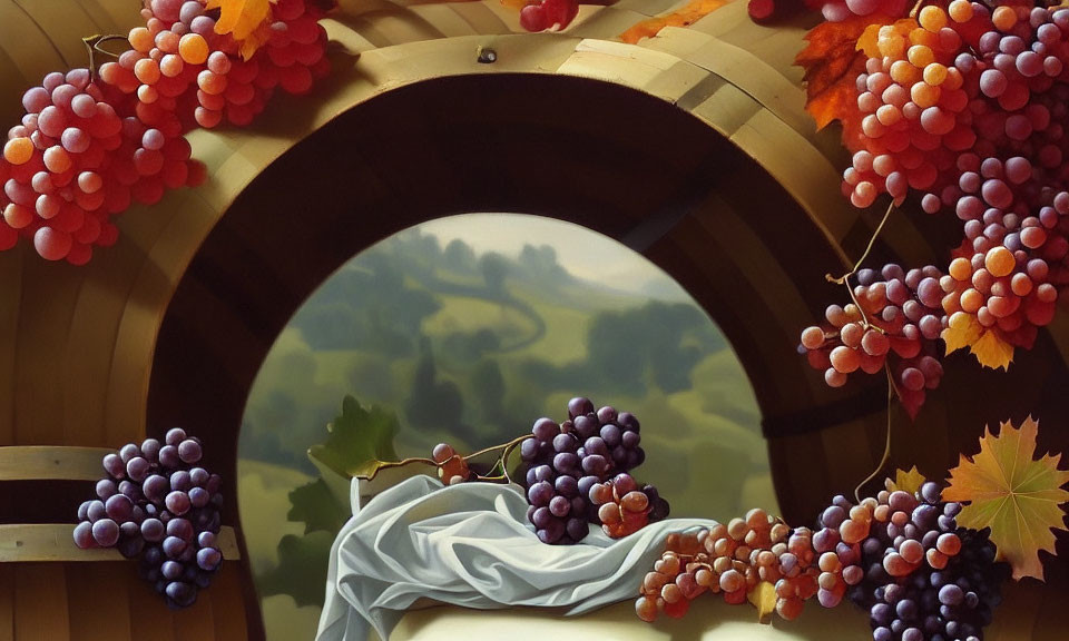 Vineyard landscape with grapes on wooden barrel and autumn leaves