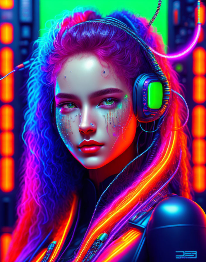 Vibrant neon woman with headphones in futuristic digital art